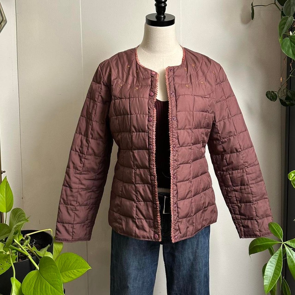 Vintage Mauve Pink Quilted Puffer Jacket Embroidered Flowers XS S Cottagecore
